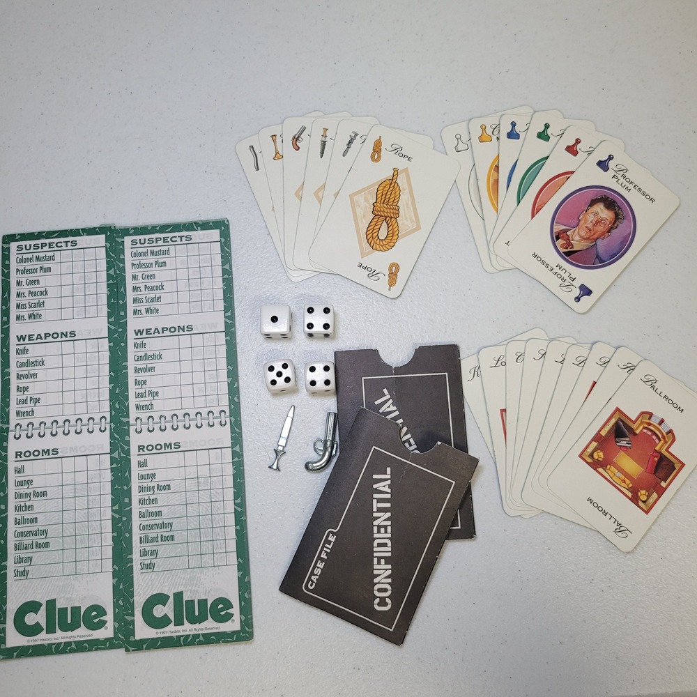 Hasbro Clue Board Game Replacement Pieces Cards Dice‎ Weapons Case File 1997